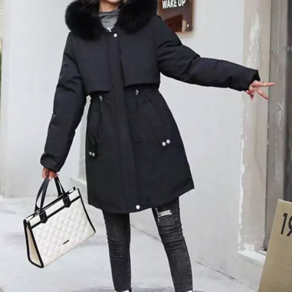 Black Faux Fur Warm Parka Wind Breaker Fleece Lined Hood Raincoat Coat Jacket - Picture 2 of 15